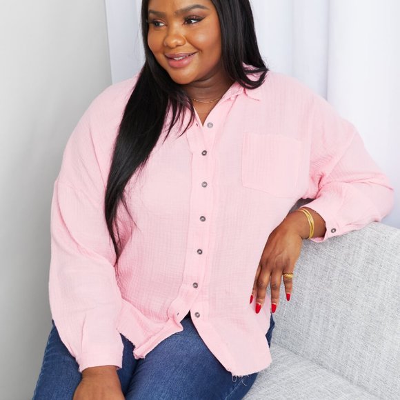 Zenana Full Size Through the Woods Gauze Raw Hem Button-Down Shirt in Dark Pink - Picture 4 of 5